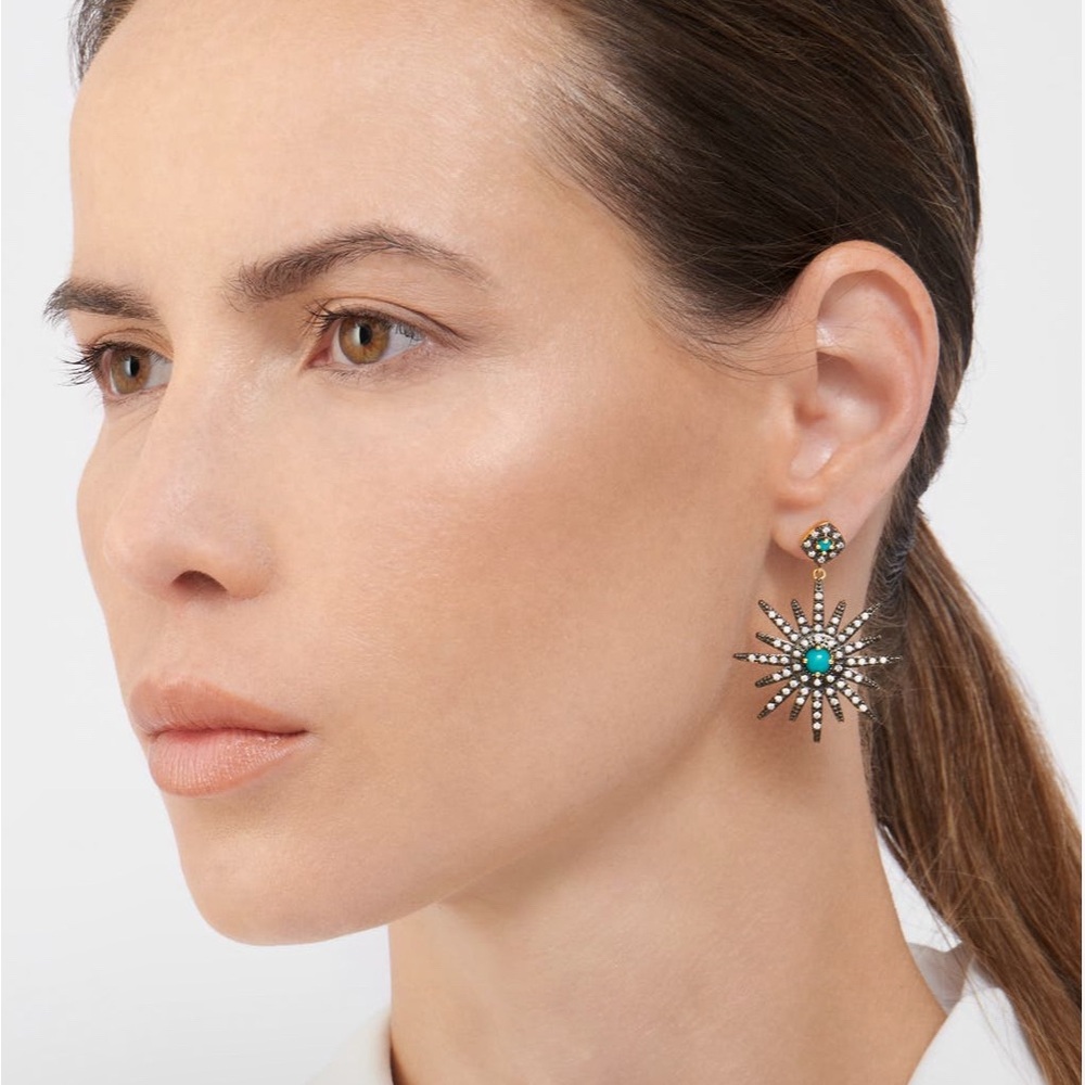 14K Yellow Gold Plated Turquoise & Swarovski Crystal Accented Starburst Earrings - Picture 2 of 5